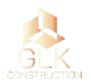 Logo GLK Construction, avec un symbole abstrait 3D géométrique couleur or/bronze évoquant l'architecture. Le texte GLK est en grand, et CONSTRUCTION est visible en dessous.