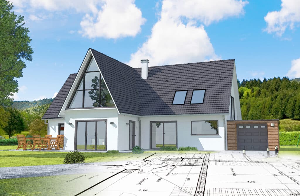 Maison moderne avec toit sombre, grandes fenêtres, jardin verdoyant. Plan d'architecte superposé, affichant "Chambre 1, 3", "12,18m", "3,98", "4,93".