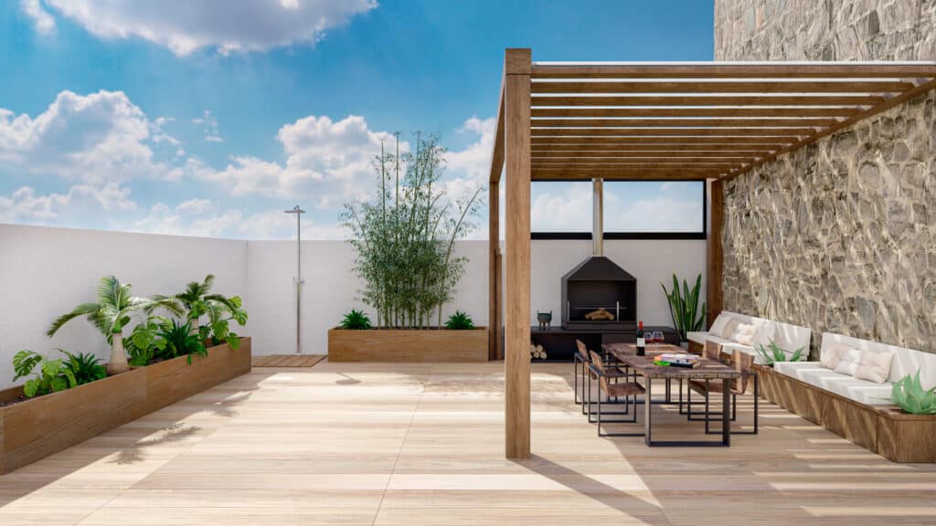 Terrasse de toit moderne avec pergola en bois, barbecue, coin repas, bancs et plantes. Sol en lames de bois clair, mur en pierre.